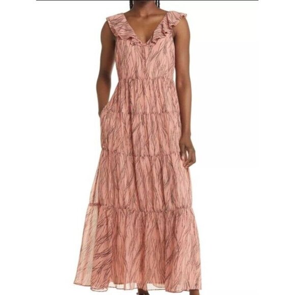 Chelsea28 Pink Ruffle V Neck Back Tiered Ruffle Womens Maxi Dress Pockets‎ Large - Picture 1 of 16
